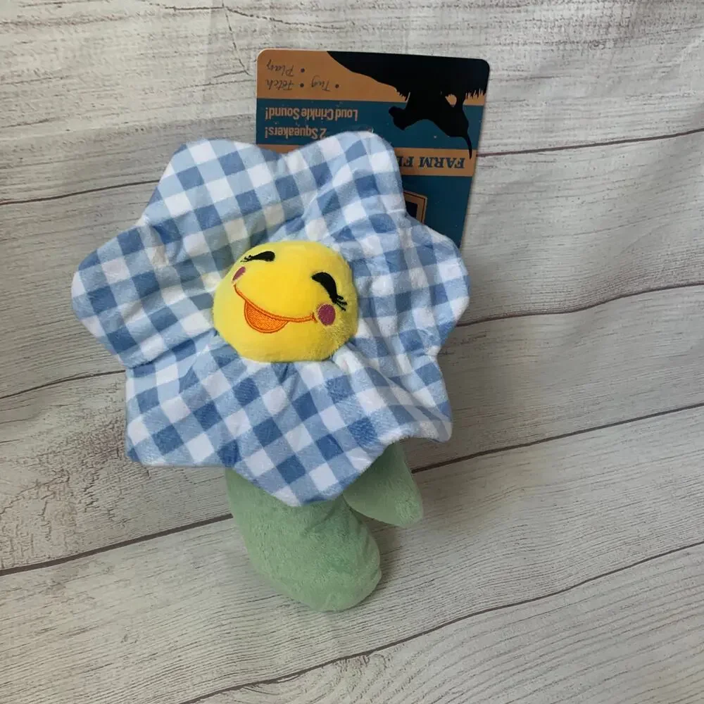 Dr. Pol Farm Flower Dog Toy Blue Gingham Plaid 2 Squeakers Crinkle 12 1/2
